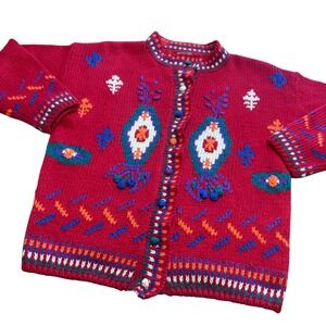 Vintage 90s Ivy Red Abstract Southwestern Hand Knit Cardigan Sweater Womens M